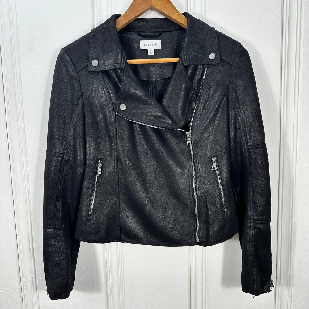 Evereve Moto Jacket Womens S Black Excellent Faux Leather Asymmetrical Zip